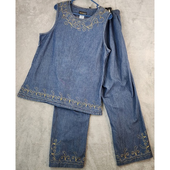 metrostyle Pants - MetroStyle 2 Piece Set Womens Size 16 Top Pants Blue Denim Floral 90s Vintage